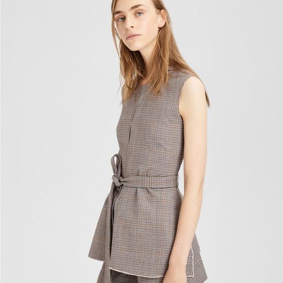 Theory Brown Plaid Wool Belted Peplum Waist Tie Top - Picture 2 of 8